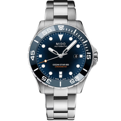 Mido Ocean Star 600 Chronometer M026.608.11.041.01 analog herrklocka med blå urtavla och armband i rostfritt stål