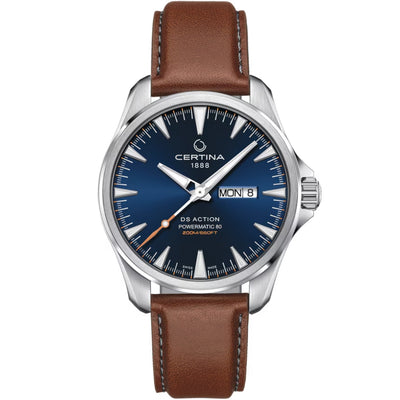 Certina DS Action Day Date Powermatic 80 C032.430.16.041.00 analog herrklocka med blå urtavla och armband i läder
