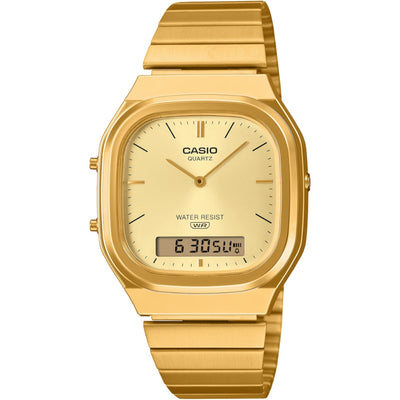 Casio Vintage AQ-240EG-9AEF analog unisexklocka med guld urtavla och armband i rostfritt stål