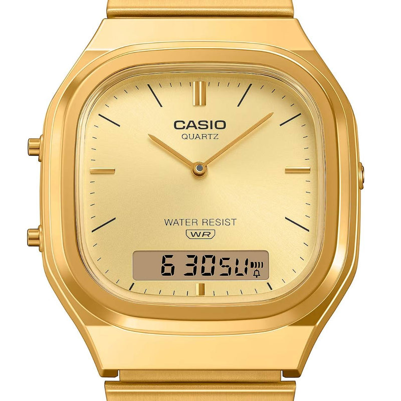 Casio Vintage AQ-240EG-9AEF analog unisexklocka med guld urtavla och armband i rostfritt stål