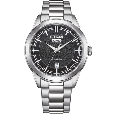 Citizen Eco-Drive AW0151-85EC analog herrklocka med svart urtavla och armband i rostfritt stål