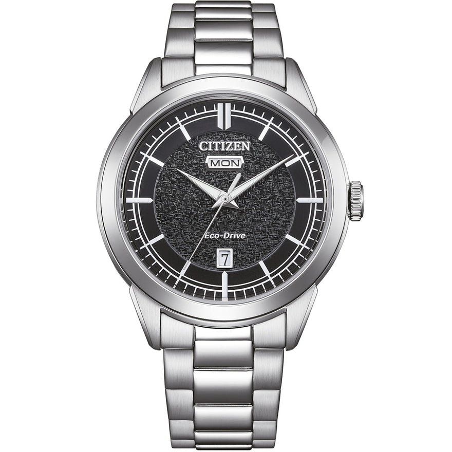 Citizen Eco-Drive AW0151-85EC analog herrklocka med svart urtavla och armband i rostfritt stål