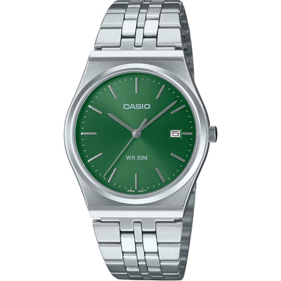Casio Timeless MTP-B145D-3AVEF analog unisexklocka med grön urtavla och armband i rostfritt stål