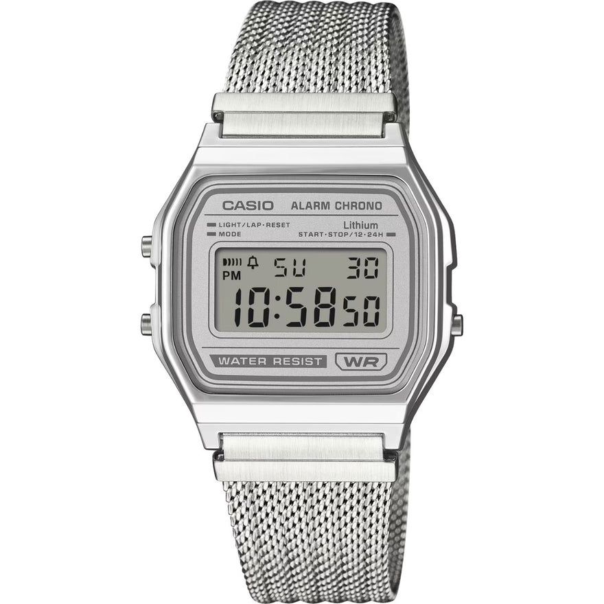 Casio Vintage A158WEM-7EF digital unisexklocka med silver urtavla och armband i rostfritt stål