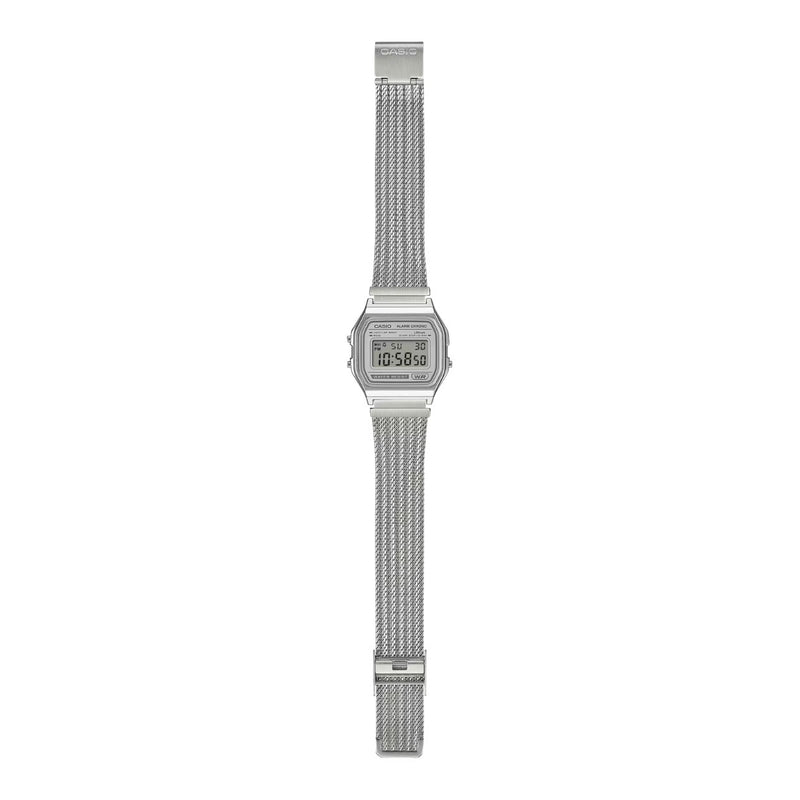 Casio Vintage A158WEM-7EF digital unisexklocka med silver urtavla och armband i rostfritt stål