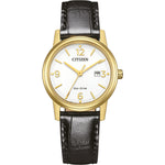 Citizen Eco-Drive EW2722-01A analog damklocka med vit urtavla och armband i läder