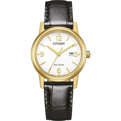 Citizen Eco-Drive EW2722-01A analog damklocka med vit urtavla och armband i läder