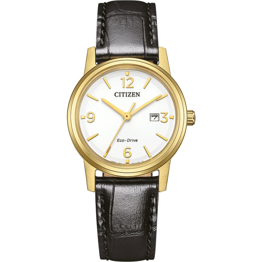 Citizen Eco-Drive EW2722-01A analog damklocka med vit urtavla och armband i läder