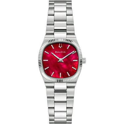 Bulova Super Seville 96L354 analog damklocka med rött urtavla och armband i rostfritt stål