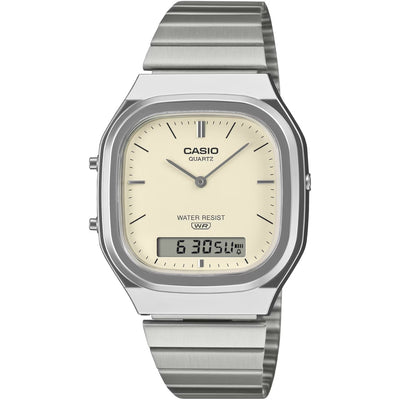 Casio Vintage AQ-240E-7A2EF analog unisexklocka med beige urtavla och armband i rostfritt stål