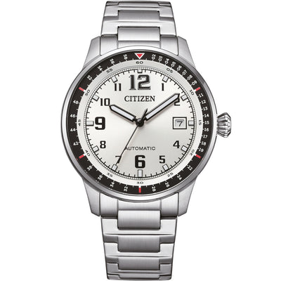 Citizen Automatic NJ0190-51A analog herrklocka med vit urtavla och armband i rostfritt stål