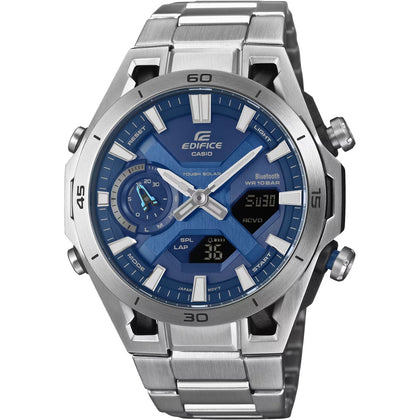 Casio Edifice ECB-2300D-2AEF analog herrklocka med blå urtavla och armband i rostfritt stål