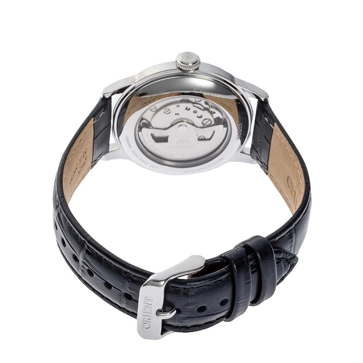 Orient Bambino RA-AP0104S30B analog herrklocka med silver urtavla och armband i läder