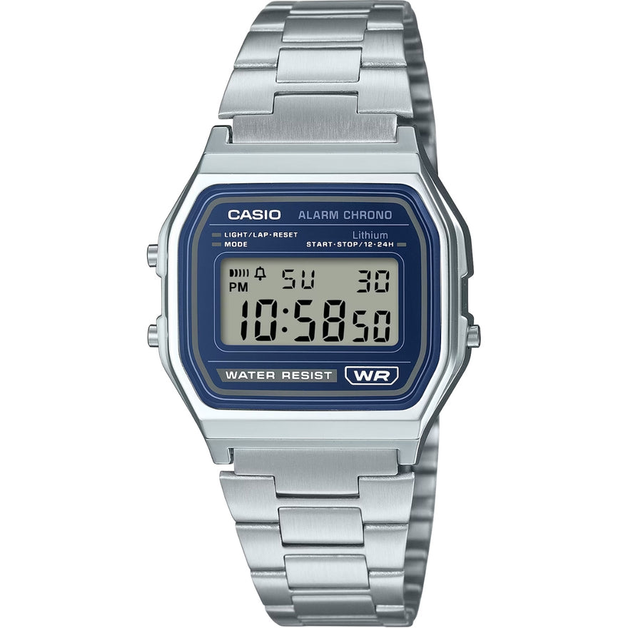 Casio Vintage A158WEA-2EF digital unisexklocka med grå urtavla och armband i rostfritt stål