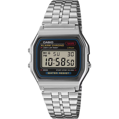 Casio Vintage A159WE-1EF digital unisexklocka med svart urtavla och armband i rostfritt stål