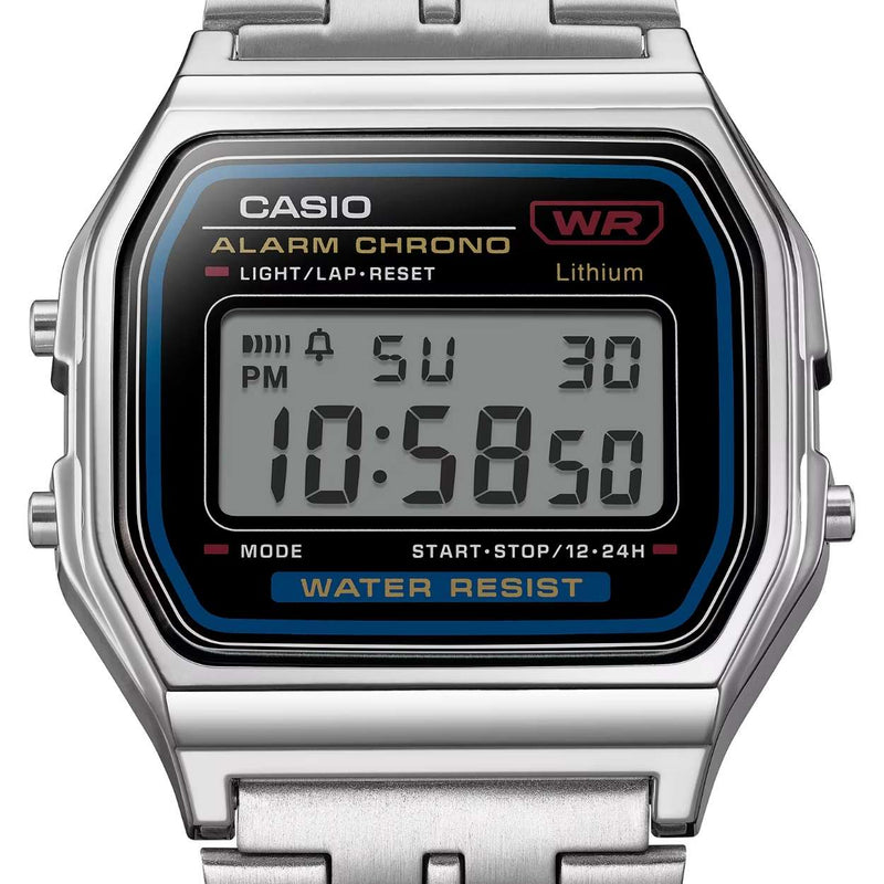 Casio Vintage A159WE-1EF digital unisexklocka med svart urtavla och armband i rostfritt stål