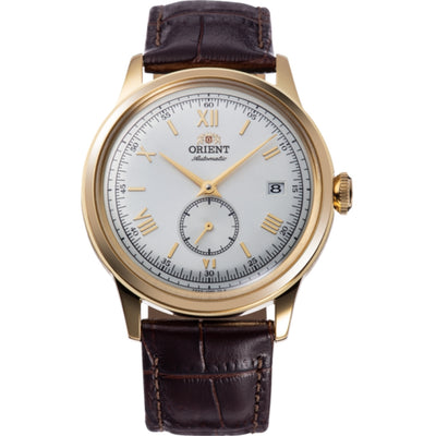 Orient Bambino RA-AP0106S30B analog herrklocka med vit urtavla och armband i läder