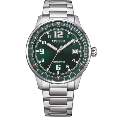 Citizen Automatic NJ0190-51X analog herrklocka med grön urtavla och armband i rostfritt stål