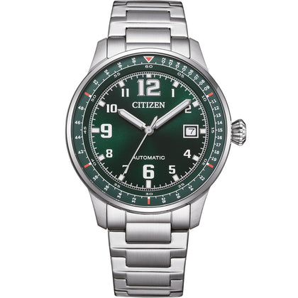 Citizen Automatic NJ0190-51X analog herrklocka med grön urtavla och armband i rostfritt stål