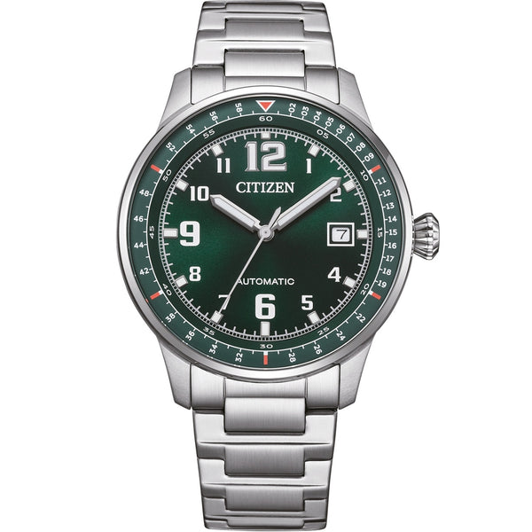 Citizen Automatic NJ0190-51X analog herrklocka med grön urtavla och armband i rostfritt stål