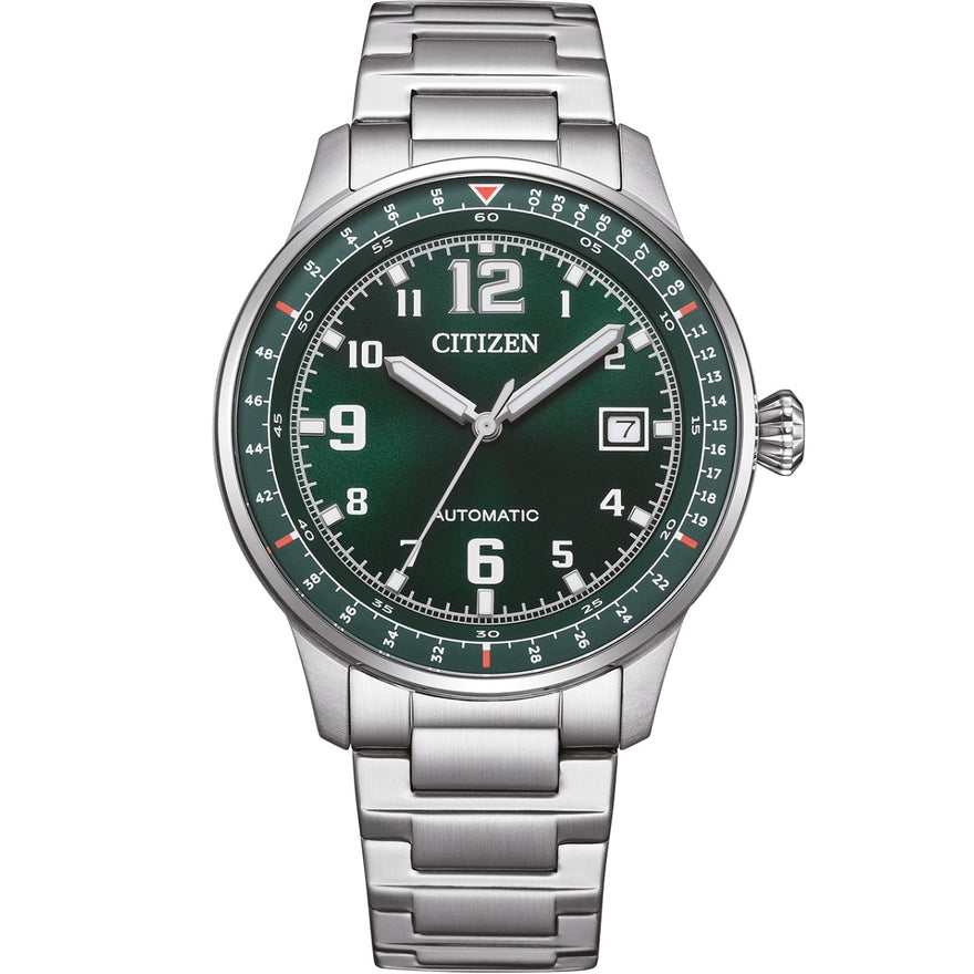 Citizen Automatic NJ0190-51X analog herrklocka med grön urtavla och armband i rostfritt stål