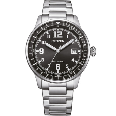 Citizen Automatic NJ0190-51E analog herrklocka med svart urtavla och armband i rostfritt stål