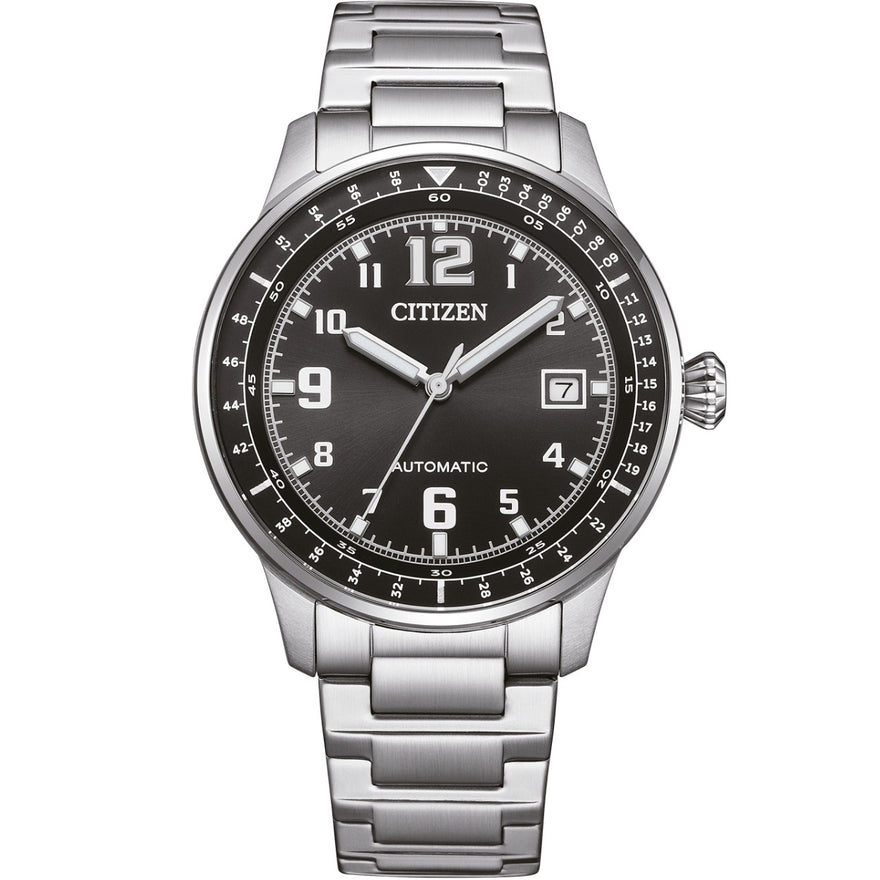 Citizen Automatic NJ0190-51E analog herrklocka med svart urtavla och armband i rostfritt stål