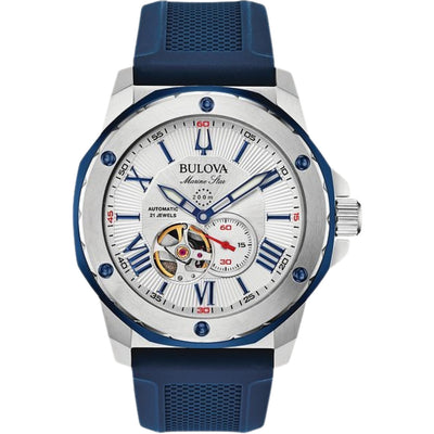 Bulova Marine Star 98A225 analog herrklocka med silver urtavla och armband i silikon