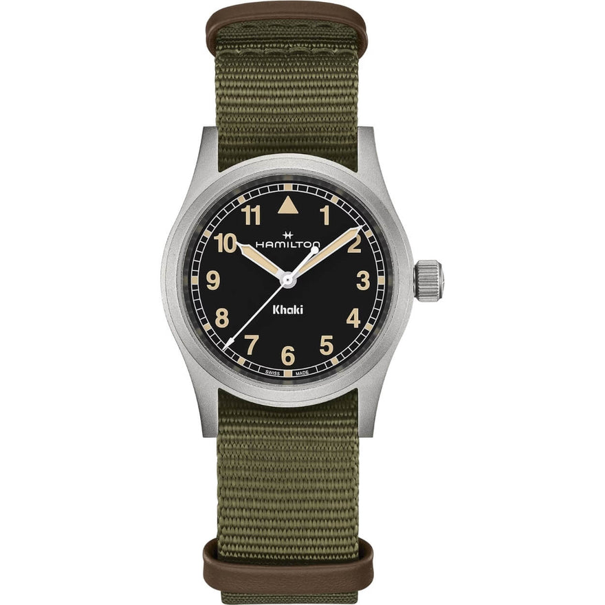 Hamilton Khaki Field Quartz H69301930 analog unisexklocka med svart urtavla och armband i textil