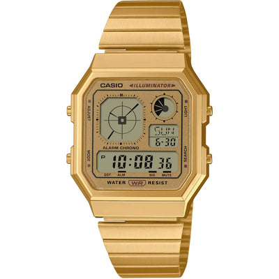 Casio EDGY A130WEG-9AEF digital unisexklocka med guld urtavla och armband i rostfritt stål