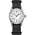 Hamilton Khaki Field Mechanical H69439910 analog herrklocka med vit urtavla och armband i rostfritt stål