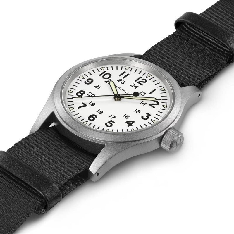Hamilton Khaki Field Mechanical H69439910 analog herrklocka med vit urtavla och armband i rostfritt stål