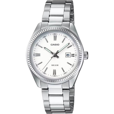 Casio Collection LTP-1302PD-7A1VEG analog damklocka med vit urtavla och armband i rostfritt stål