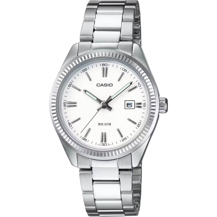Casio Collection LTP-1302PD-7A1VEG analog damklocka med vit urtavla och armband i rostfritt stål