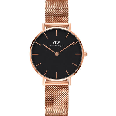 Daniel Wellington Petite Melrose DW00100161 analog damklocka med svart urtavla och armband i rostfritt stål