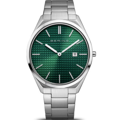 Bering Ultra Slim 17240-708 analog herrklocka med grön urtavla och armband i titan