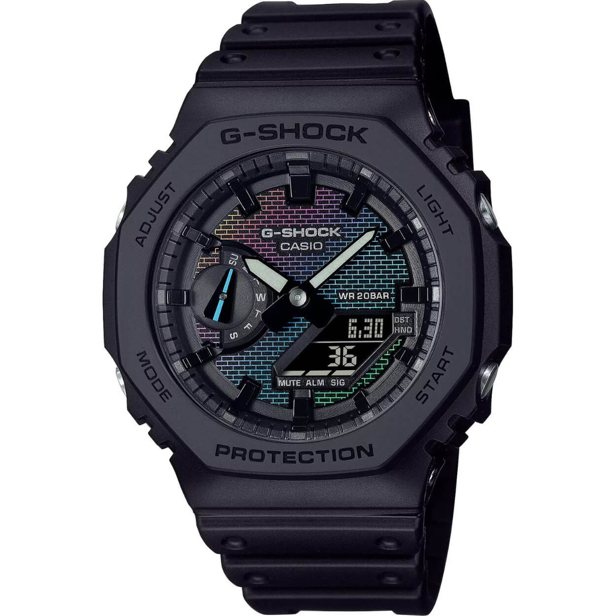 Casio G-Shock GA-2100RW-1AER digital herrklocka med rainbow urtavla och armband i resin
