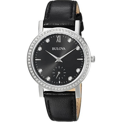 Bulova Classic Crystal 96L246 analog damklocka med svart urtavla och armband i läder
