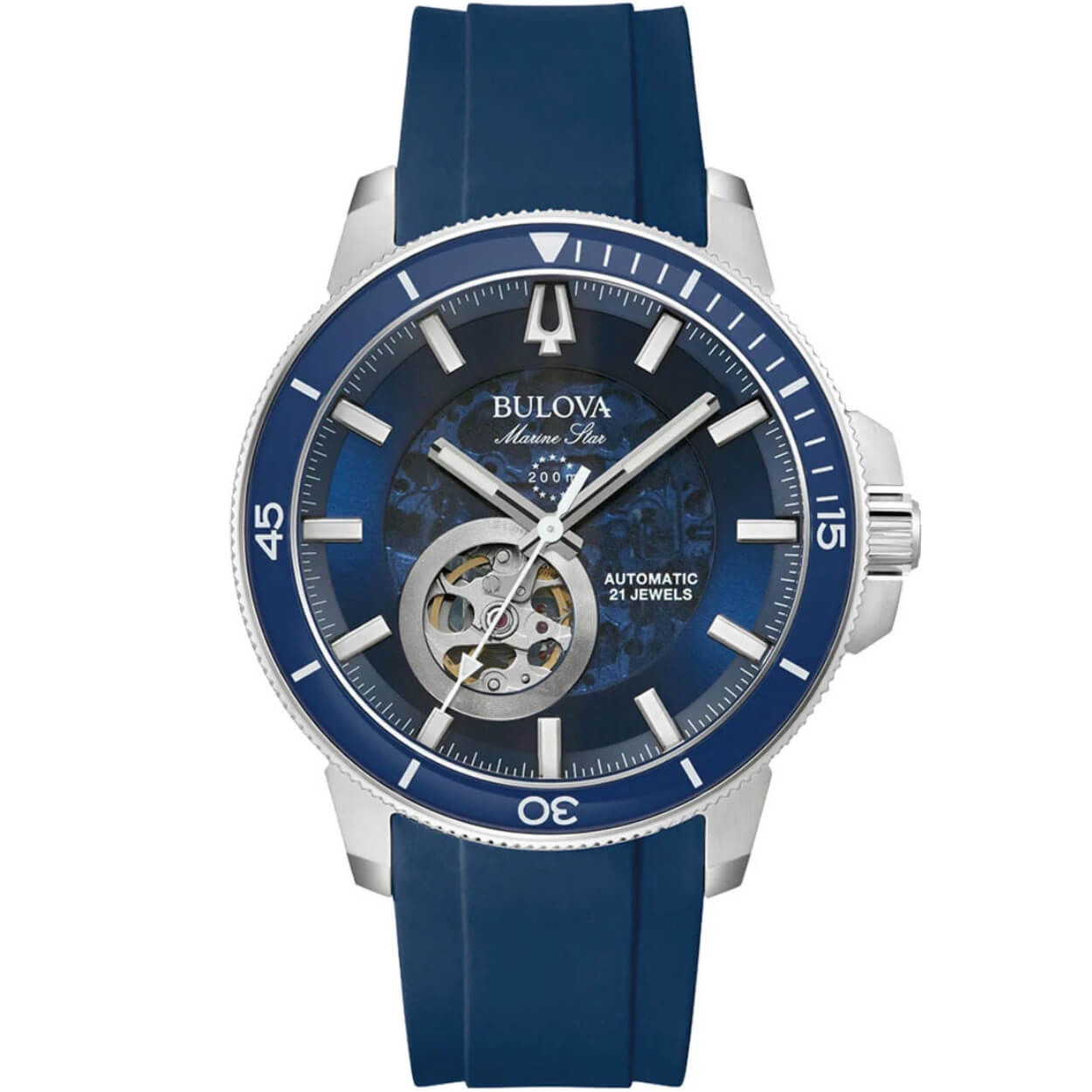 Bulova Marine Star Automatisk 96A303 analog herrklocka med blå urtavla och armband i gummi
