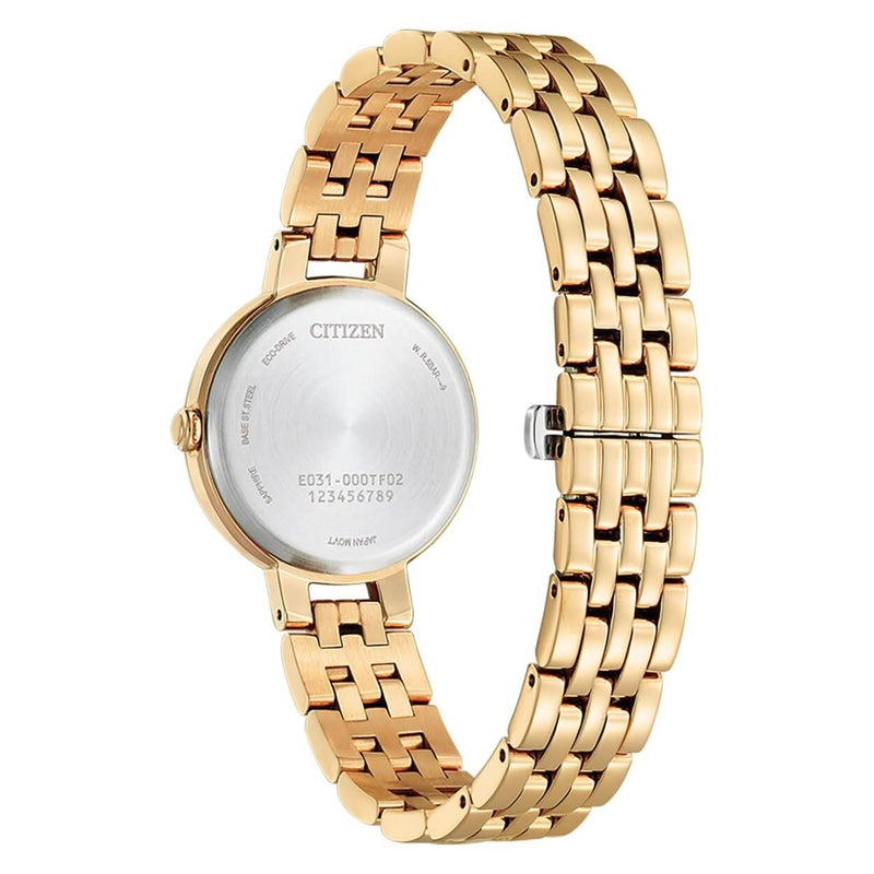 Citizen Eco Drive EM0993-82X analog damklocka med rosa urtavla och armband i rostfritt stål