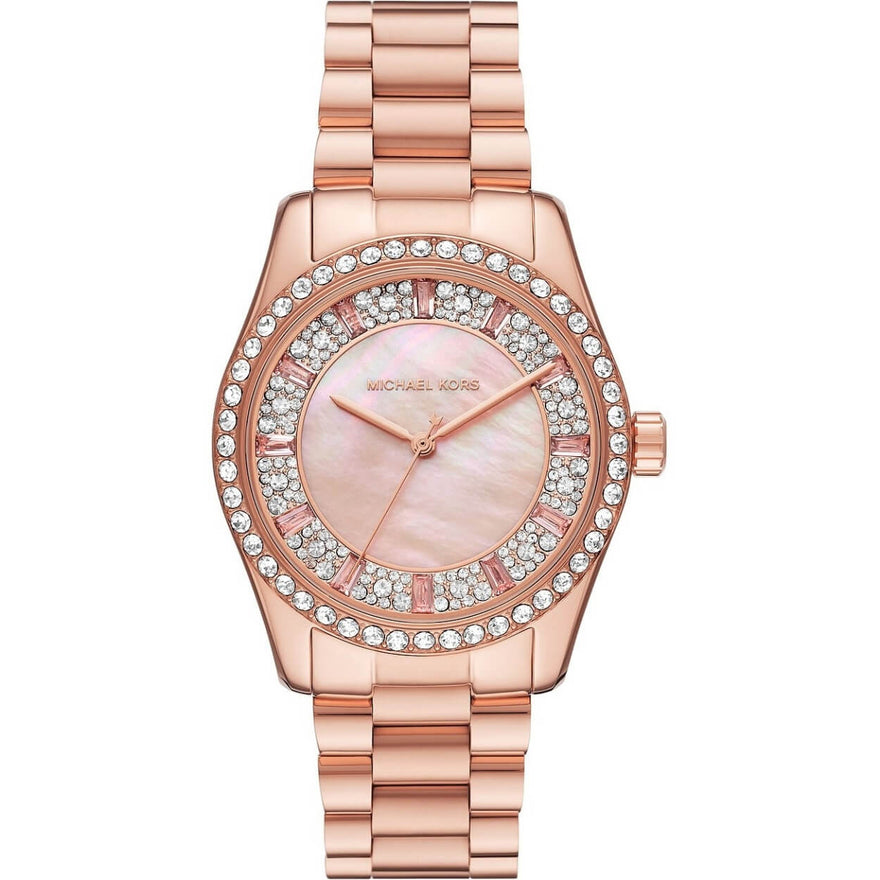 Michael Kors MK7444 analog damklocka med rosa urtavla och armband i rostfritt stål
