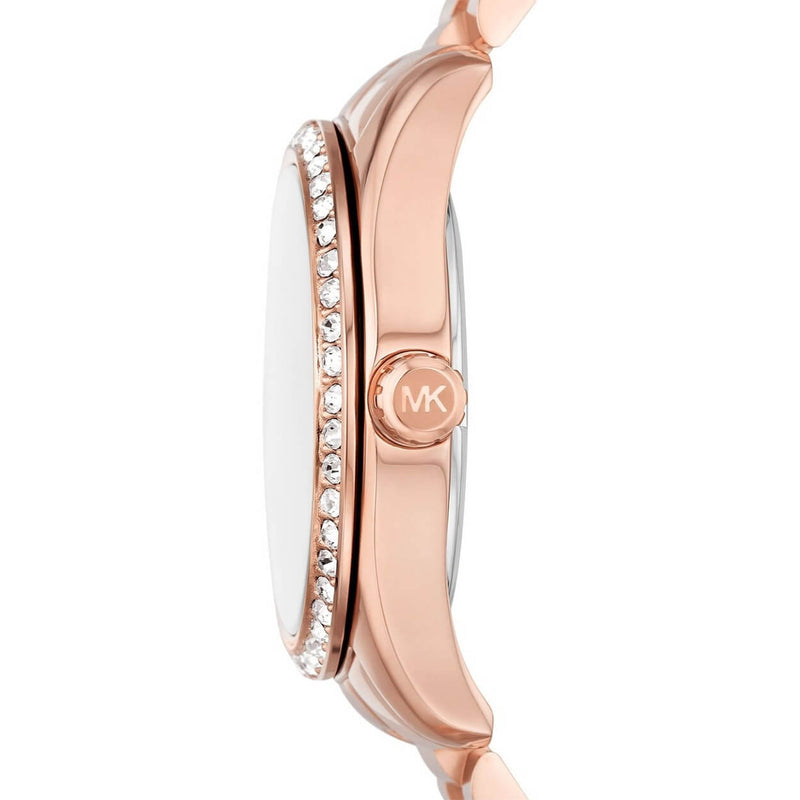 Michael Kors MK7444 analog damklocka med rosa urtavla och armband i rostfritt stål