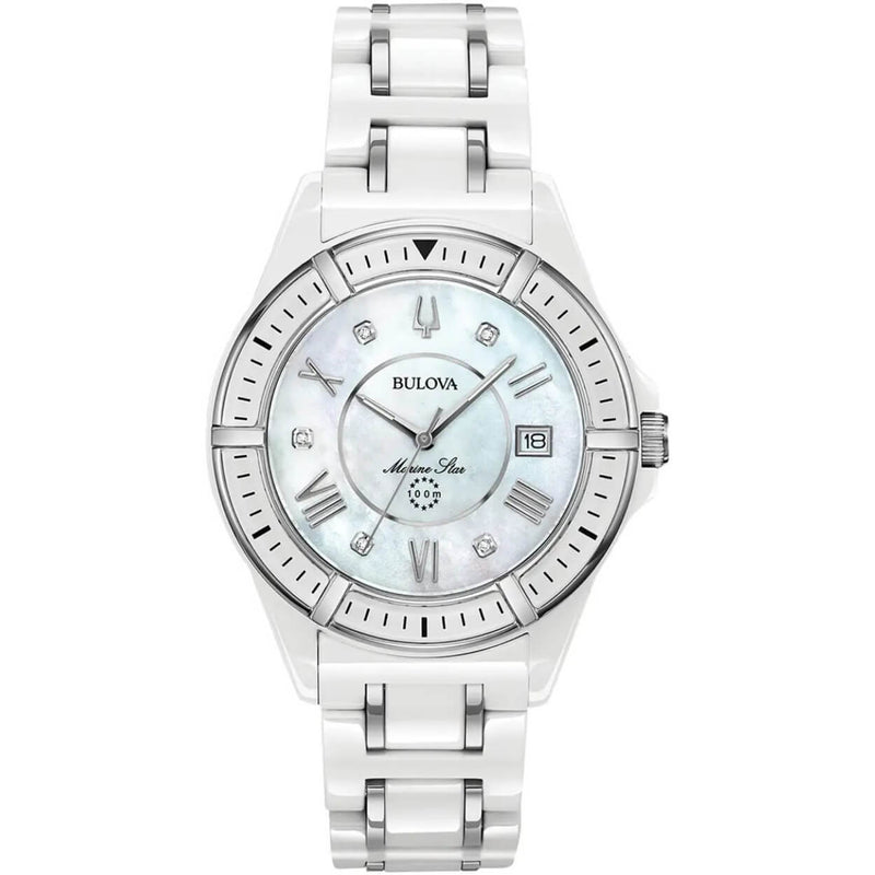 Bulova Marine Star 98P172 analog damklocka med pärlemor urtavla och armband i rostfritt stål