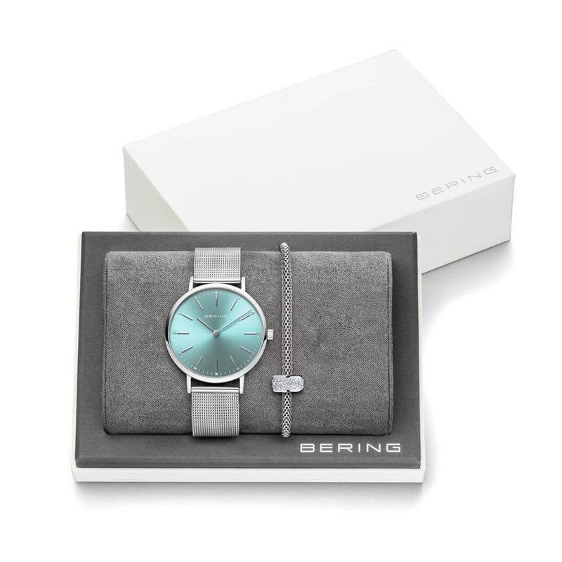 Bering Classic 14134-005-GWP analog damklocka med turkos urtavla och armband i rostfritt stål