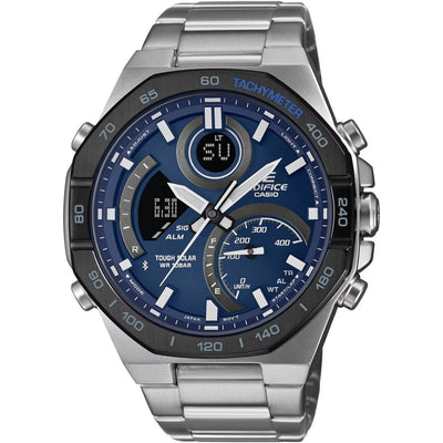 Casio Edifice ECB-950DB-2AEF analog herrklocka med blå urtavla och armband i rostfritt stål