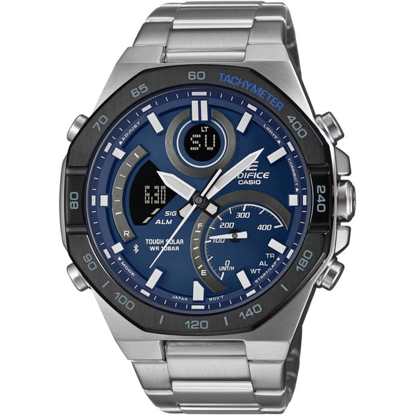 Casio Edifice ECB-950DB-2AEF analog herrklocka med blå urtavla och armband i rostfritt stål