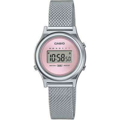 Casio Vintage LA700WEM-4AEF digital damklocka med rosa urtavla och armband i rostfritt stål