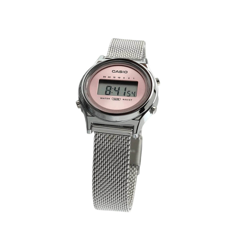 Casio Vintage LA700WEM-4AEF digital damklocka med rosa urtavla och armband i rostfritt stål