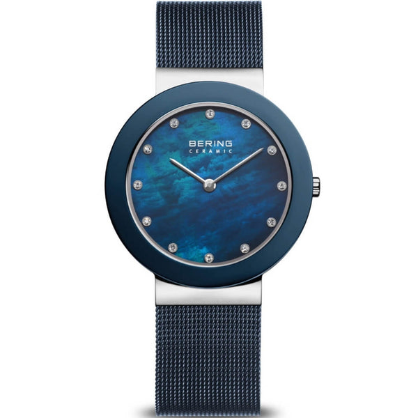 Bering Ceramic 11435-387 analog damklocka med blå urtavla och armband i mesh