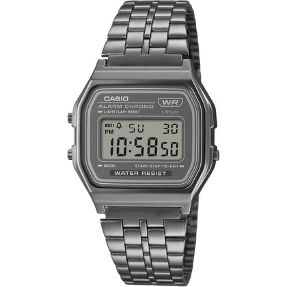 Casio Vintage A158WETB-1AEF digital unisexklocka med grå urtavla och armband i rostfritt stål